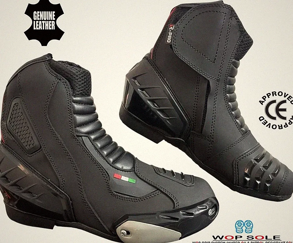 Mens Black Leather Short Ankle CE Motorbike/Motorcycle Racing Sports Shoes/Boots